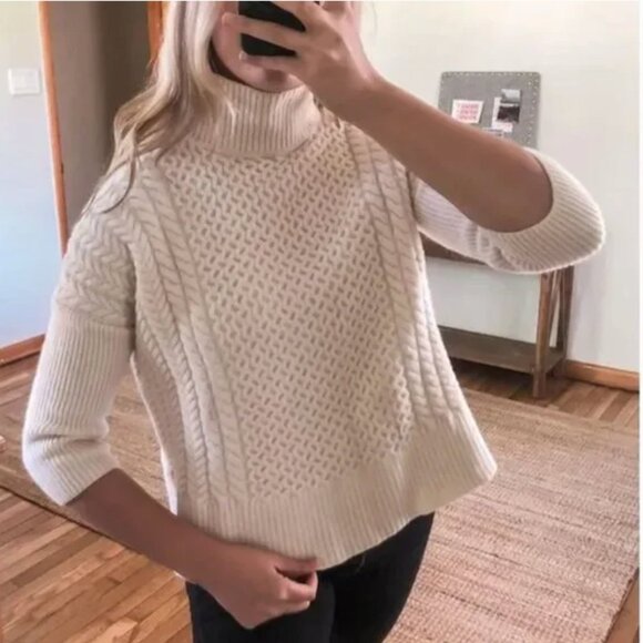 AYR Cream 100% Merino Wool “Le Square” Cable Knit Turtleneck Sweater Size Large - Picture 6 of 7